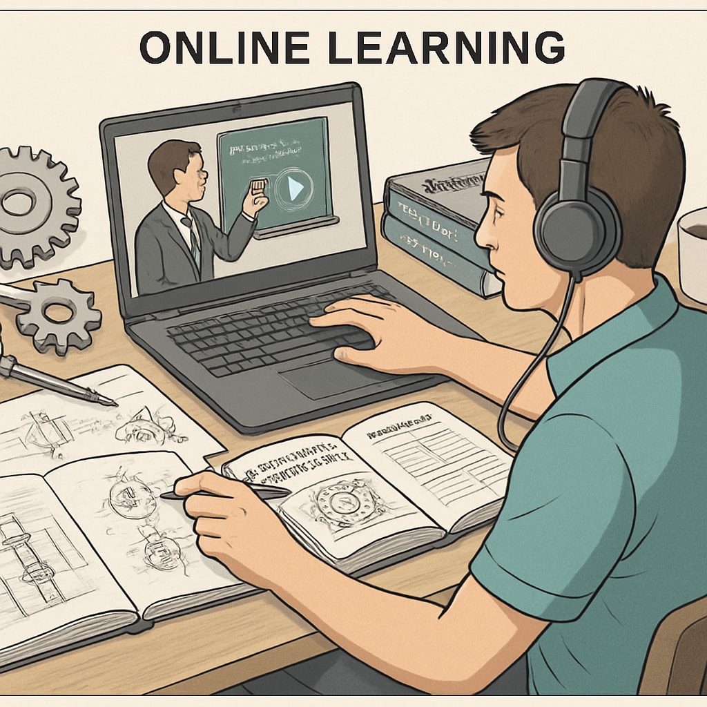 A mechanical engineering student studying online with tools and books.