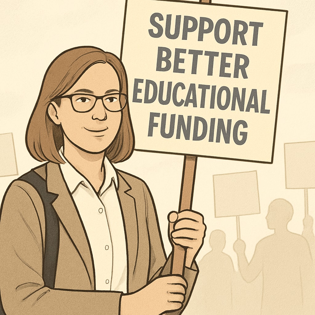 A teacher holding a sign advocating for better educational funding during a peaceful protest. A teacher holding a sign for educational advocacy, related to