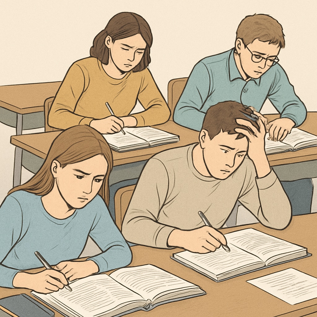 Students stressed over GCSE exams, sitting at desks with books and papers.
