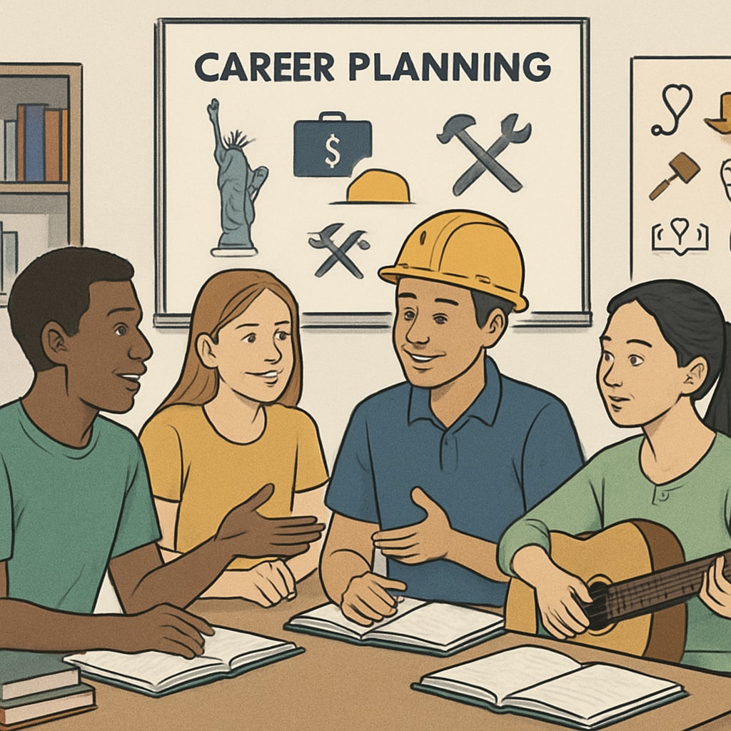 A diverse group of students discussing career paths, highlighting different opportunities beyond academics.