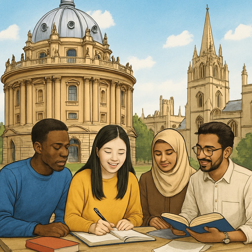 A diverse group of students studying at Oxford University, emphasizing inclusivity and cultural representation. Diverse students at Oxford University discussing academic topics.