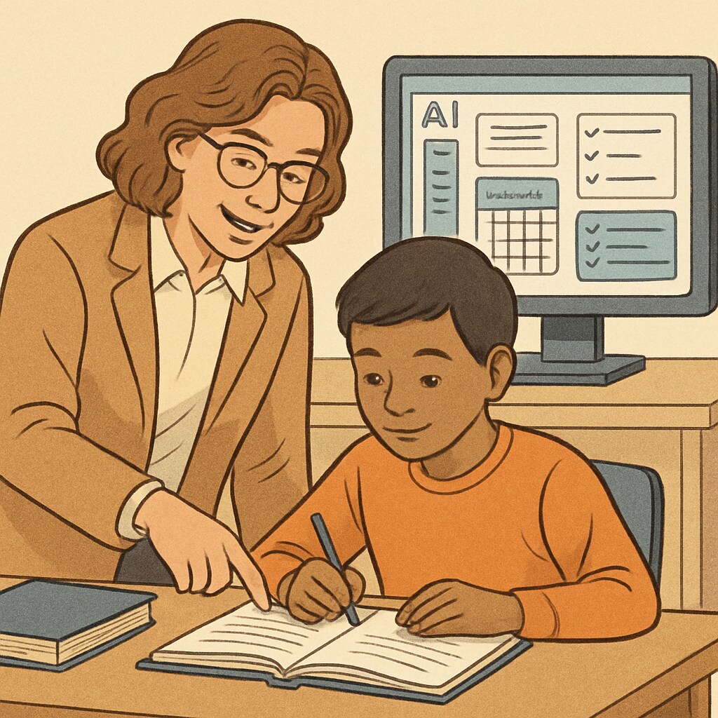 Teacher mentoring a student with AI assisting in administrative tasks