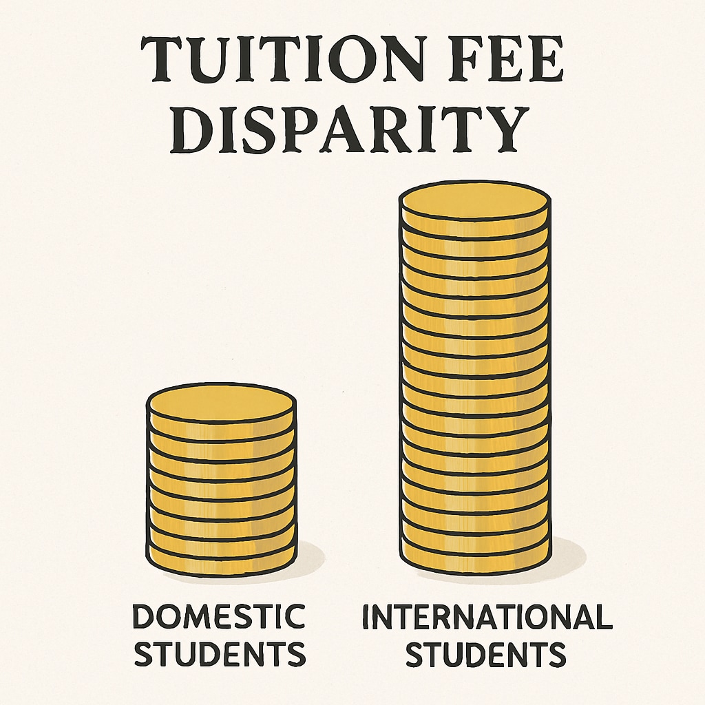 A conceptual image depicting the disparity in tuition fees—stacked coins symbolizing financial inequality between domestic and international students. Stacked coins representing tuition fee disparities between domestic and international students.