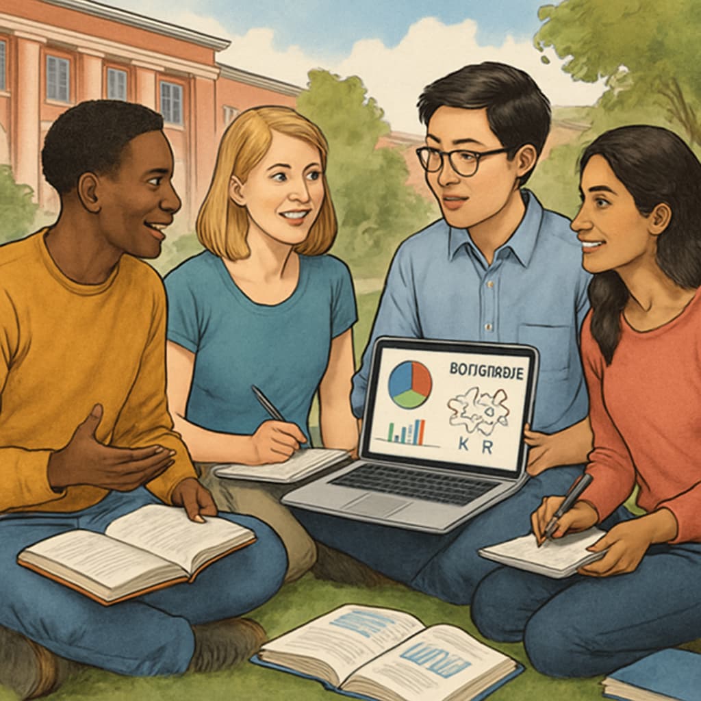 A group of diverse international students discussing data science concepts on a university campus. International students discussing data science topics on campus.