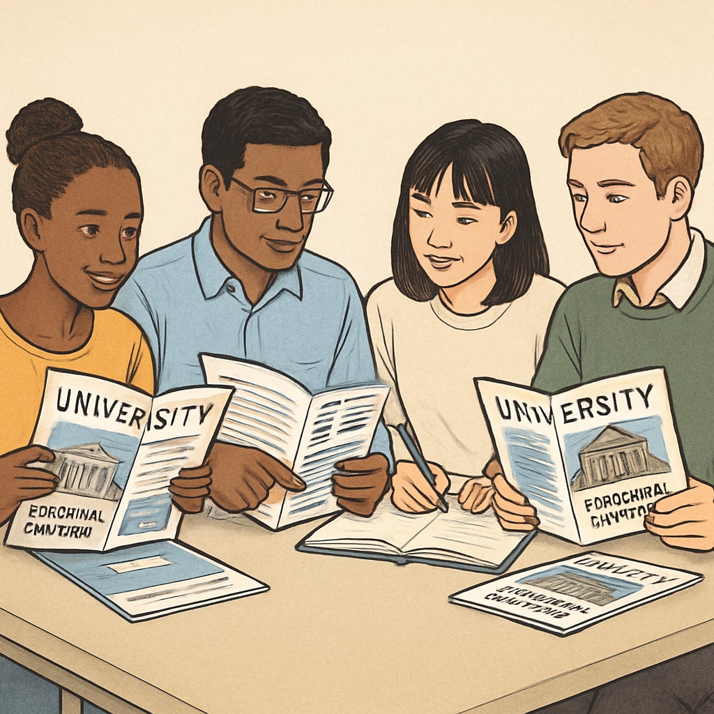 A group of international students reviewing university brochures, symbolizing affordable education options. International students exploring affordable university options with AS-level qualifications.