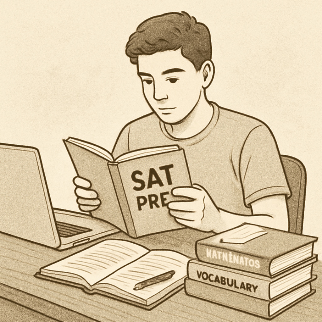 A student reviewing SAT preparation materials with a laptop and textbooks. Student preparing for SAT with books and laptop.