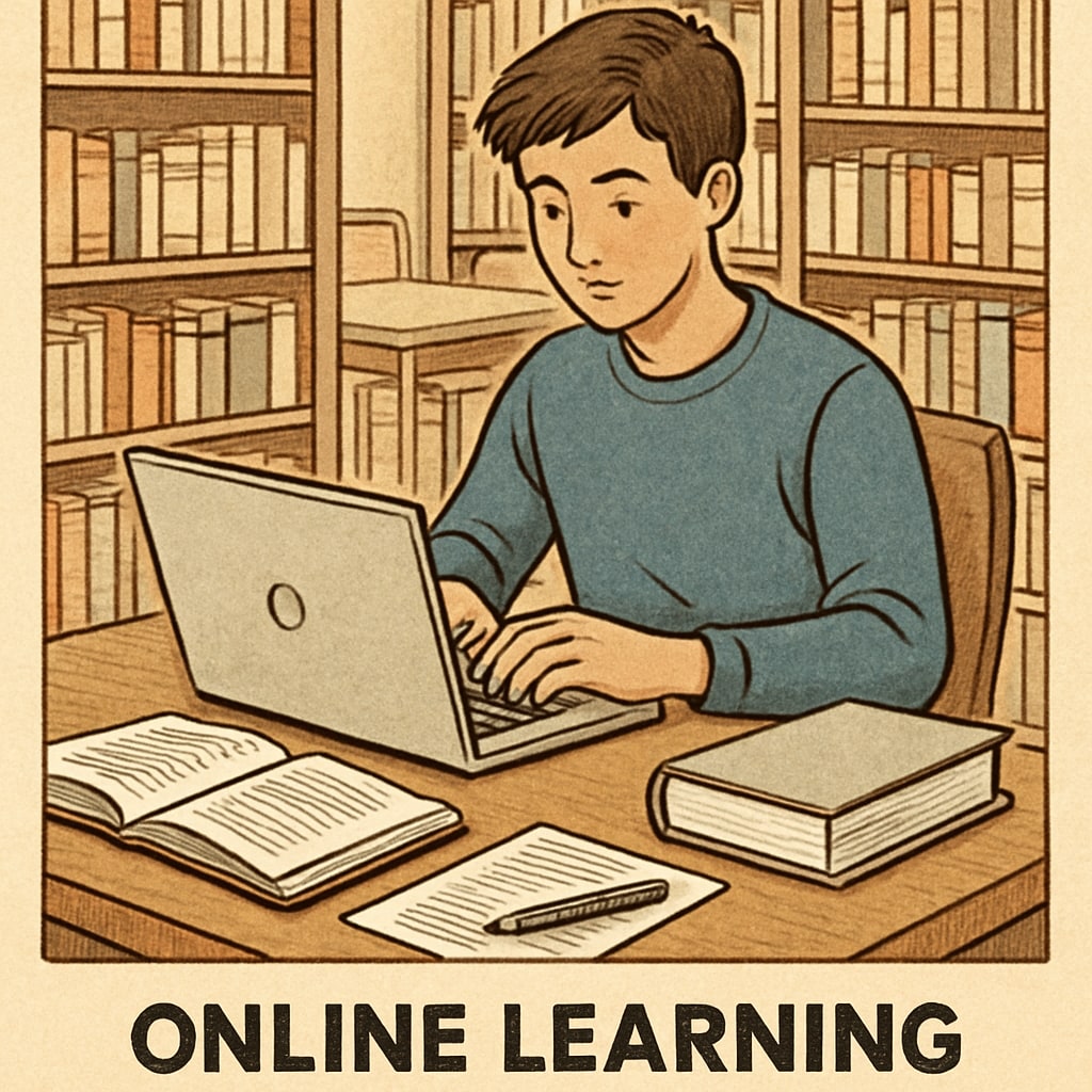 A student working on a laptop at a library, representing online learning as a budget-friendly option. Student researching affordable online degree programs for AS-level graduates.