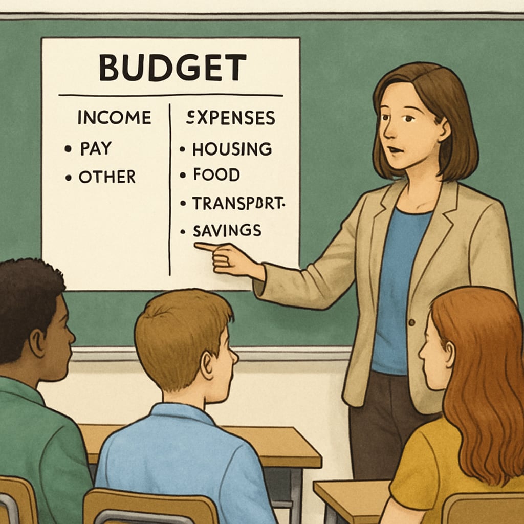 A teacher demonstrating budgeting concepts to students as part of financial literacy education