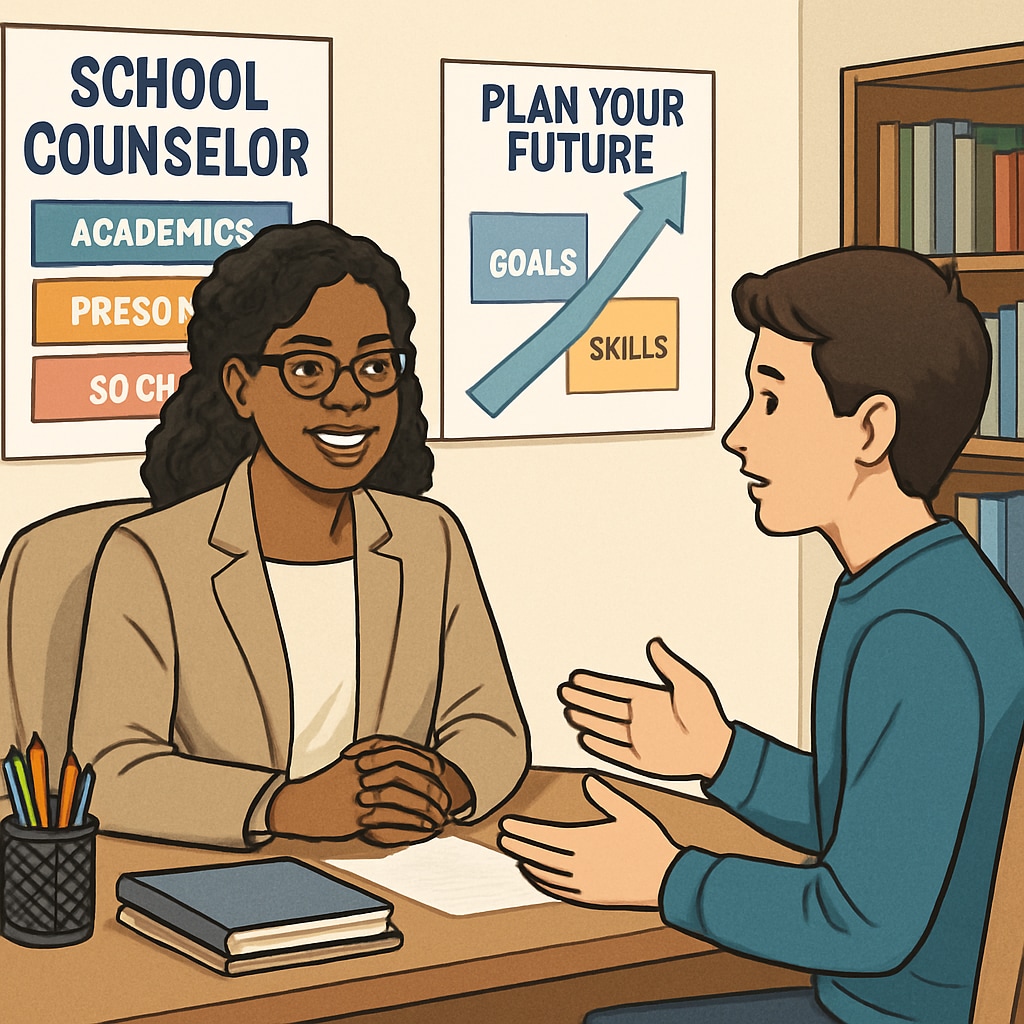A school counselor speaking with a student in an office setting, emphasizing the importance of non-teaching roles in student development. School counselor assisting a student in an office environment.