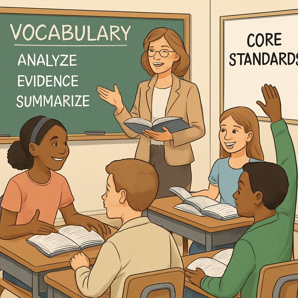 A classroom setting with students actively participating in a reading discussion, showcasing the integration of vocabulary learning and core standards. Fifth-grade students discussing reading materials in an ELA class, emphasizing vocabulary and standards alignment.