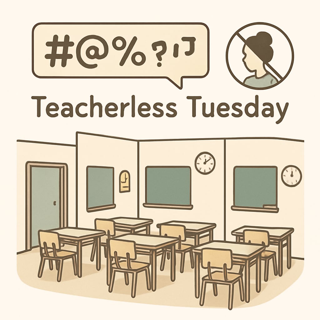 A group of empty classrooms in a school, symbolizing the absence of teachers during Teacherless Tuesday. Empty classrooms during Teacherless Tuesday, illustrating the collective absence of teachers.