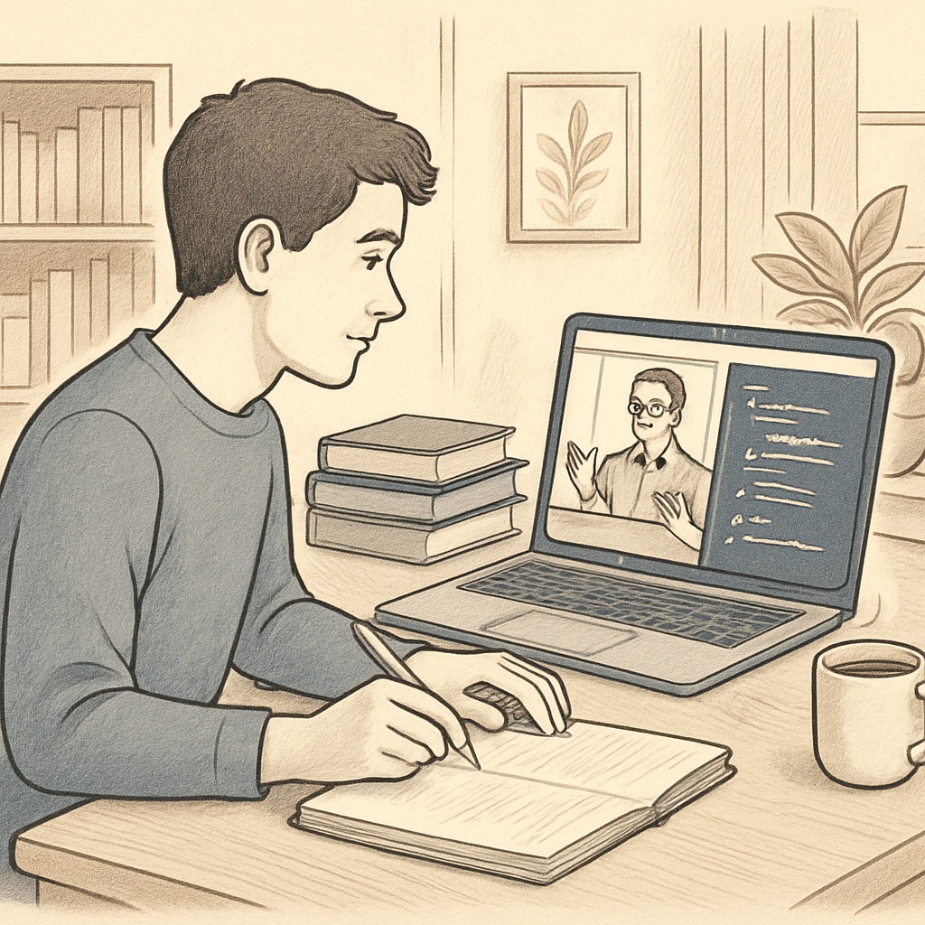 A university student attending an online coding class from home, representing opportunities to learn IT skills remotely. University student learning coding online.