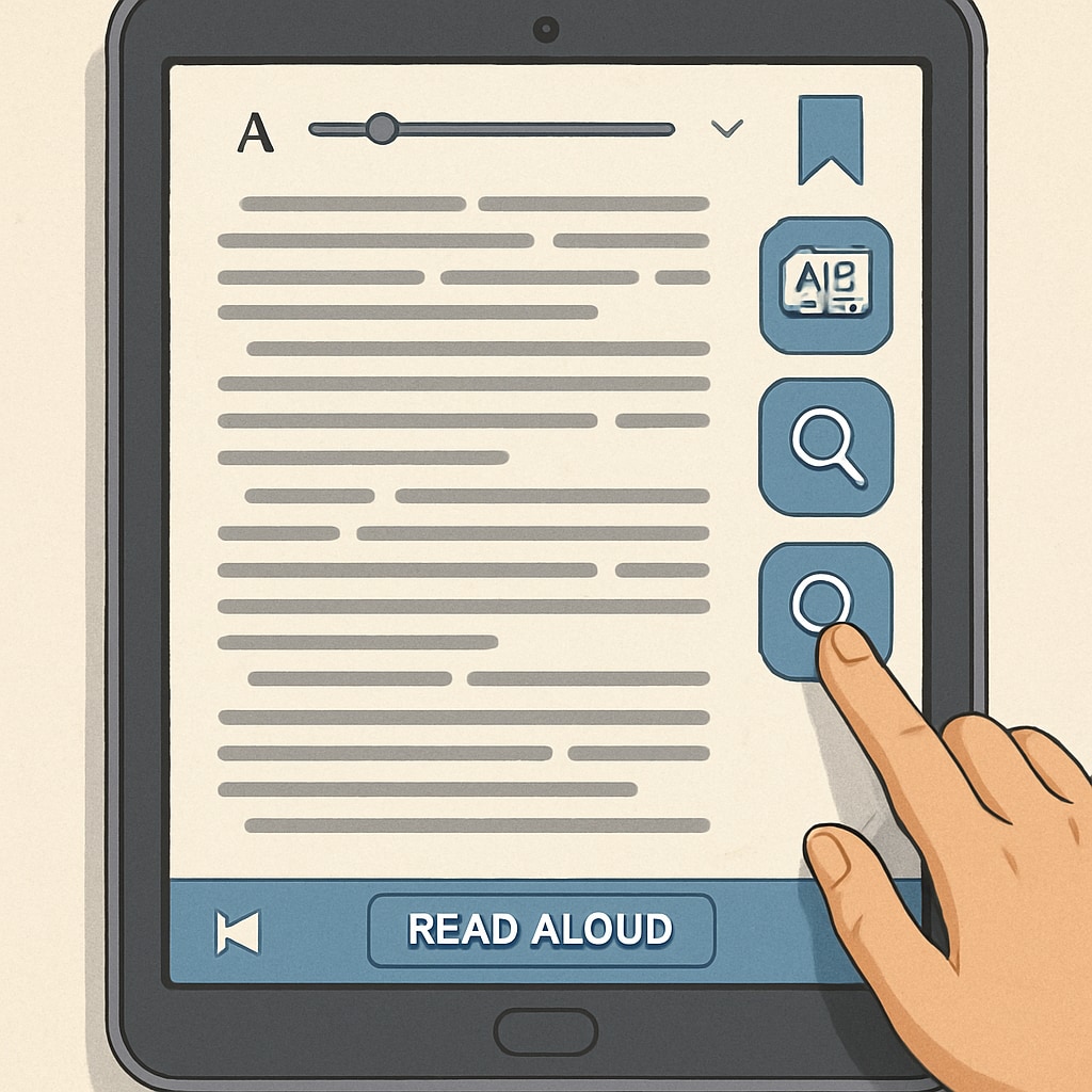 A tablet screen displaying a reading app with interactive features, emphasizing the role of technology in enhancing reading activities. Digital reading app used in ELA modules to enhance student engagement with interactive tools.