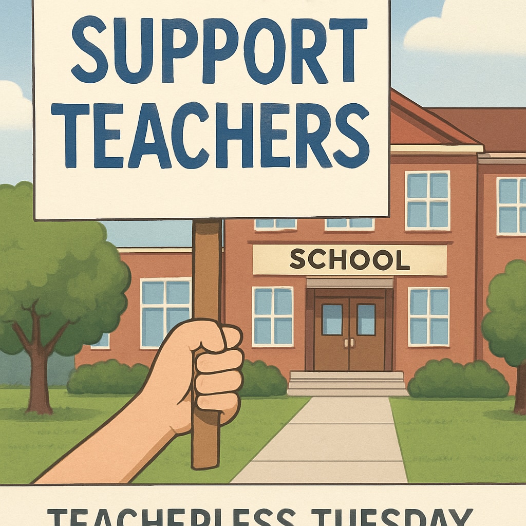 A peaceful protest sign reading Protest sign outside a school during Teacherless Tuesday, advocating for teacher rights.