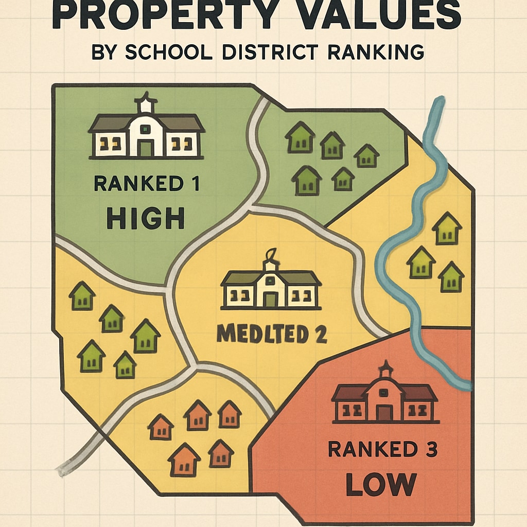 Map highlighting property values influenced by school district rankings