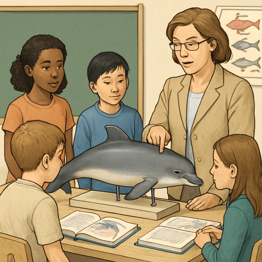 A classroom of students examining a 3D model of a porpoise, with a teacher explaining its anatomy. Students and teacher analyzing a porpoise model in a classroom setting.