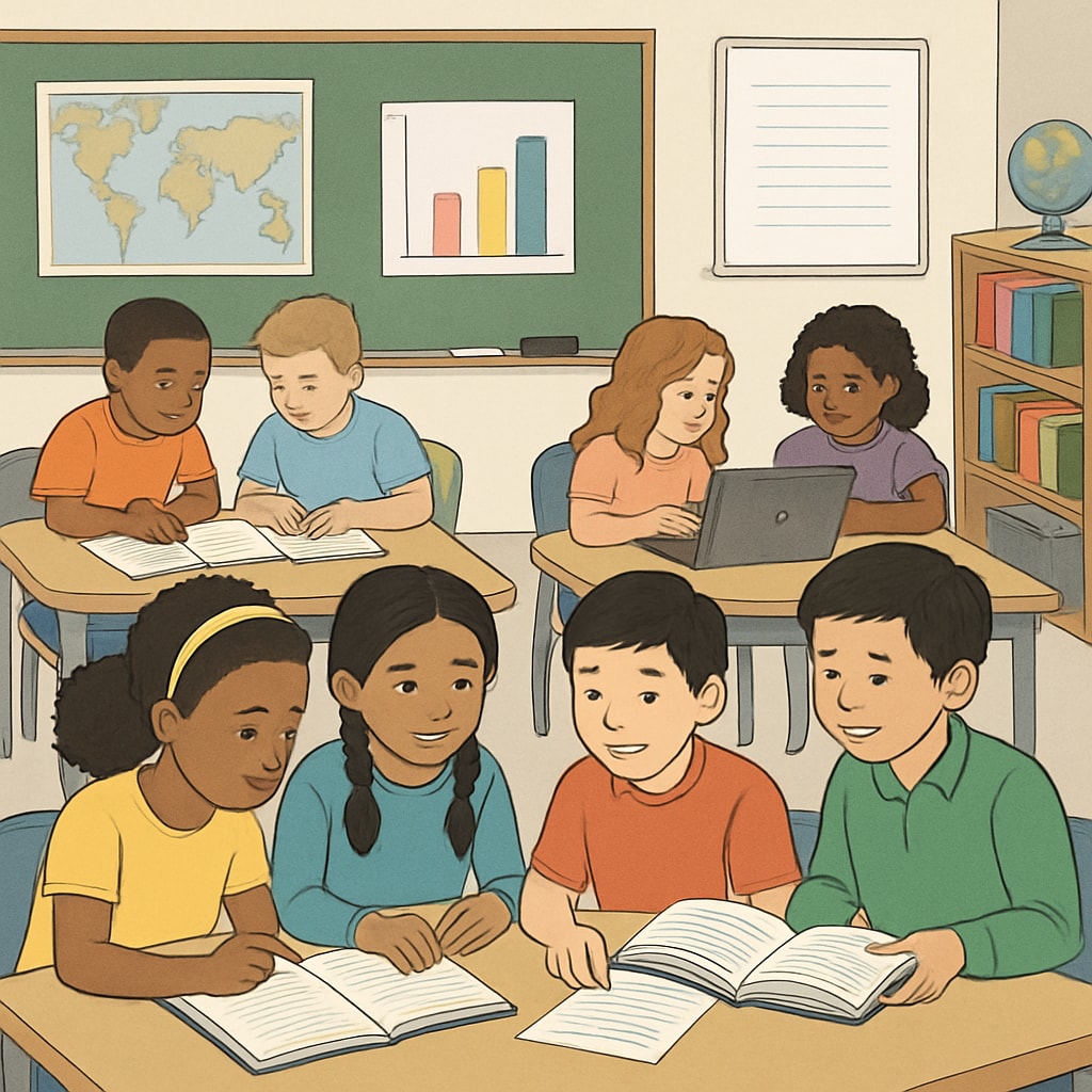 A classroom in the United States showing collaborative learning activities among diverse students. U.S. education system promoting equality through collaborative learning.