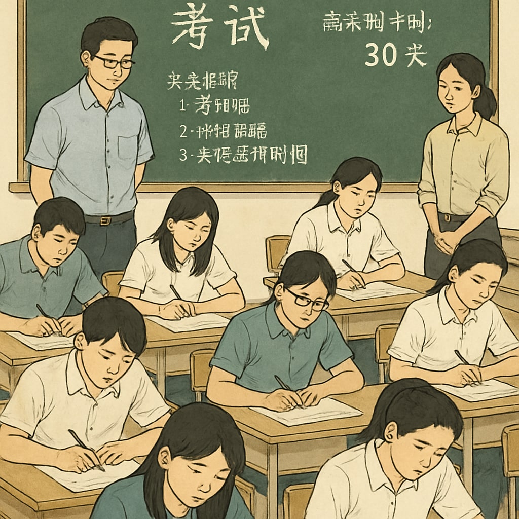 A Chinese classroom during an exam, highlighting the gaokao preparation process. Chinese education system focusing on exam-driven success.