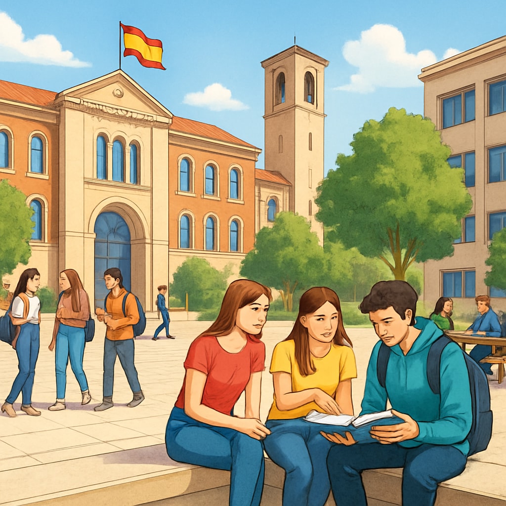 A vibrant university campus in Spain, featuring students collaborating outdoors under sunny skies. Spanish university campus with diverse students studying.