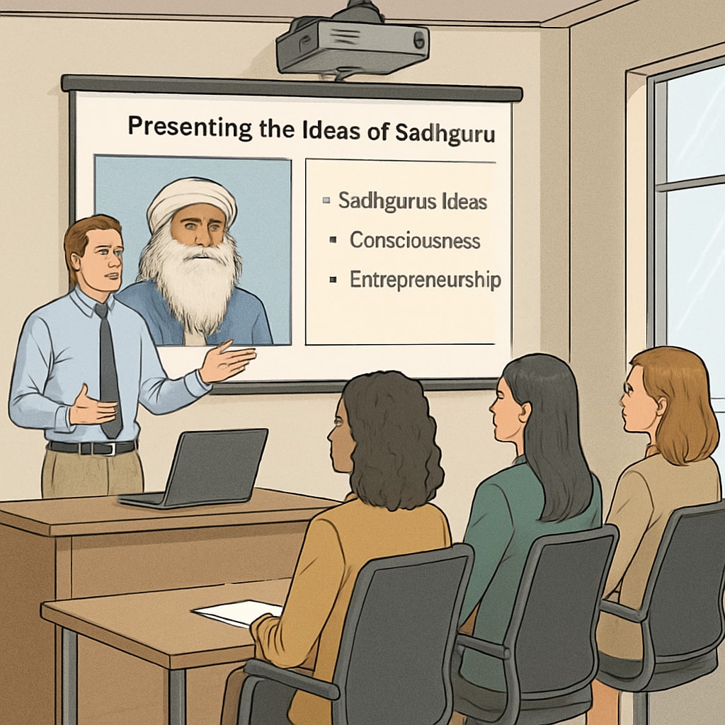 Speaker presenting Sadhguru's ideas to women entrepreneurs in a professional setting.