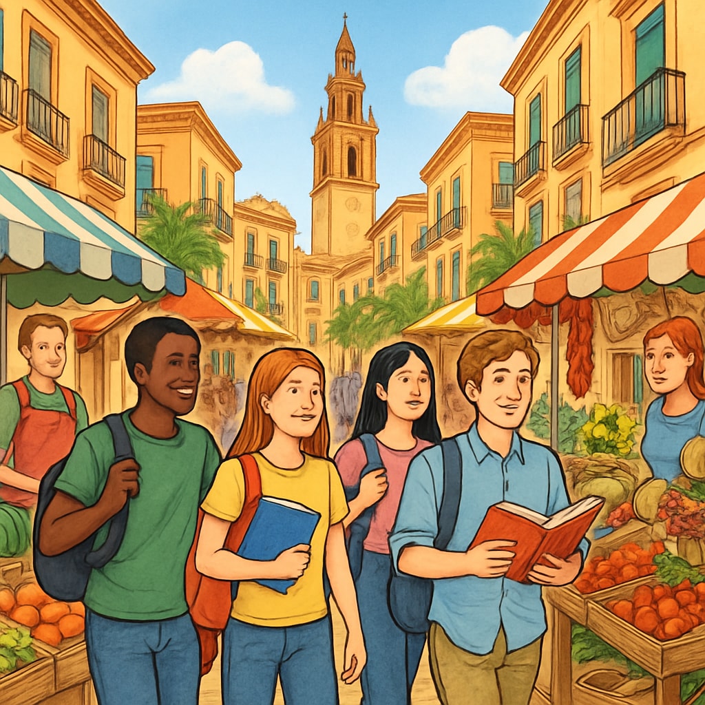 A bustling Spanish city street with international students exploring local markets. International students enjoying a Spanish market.