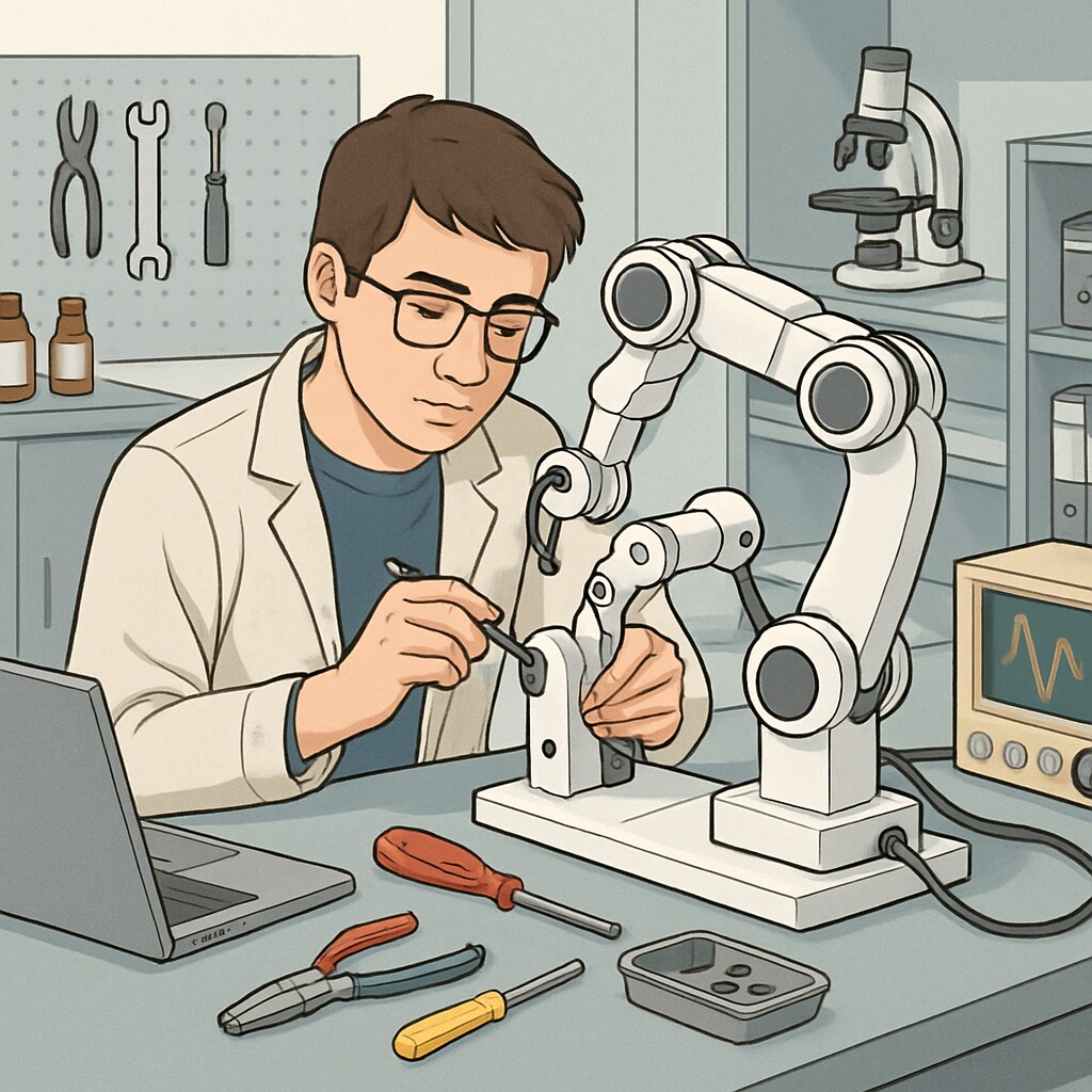 A student in a lab working on a robotic arm, symbolizing the integration of mechanical engineering and computer science. Mechanical engineering student working on robotics, blending engineering and computer science.