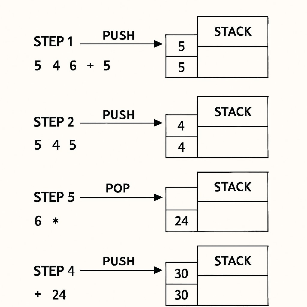 A technical diagram illustrating how Reverse Polish Notation (RPN) calculations are processed step-by-step, showing the stack-based approach. Diagram explaining the stack-based method of RPN calculations, ideal for K12 math education.