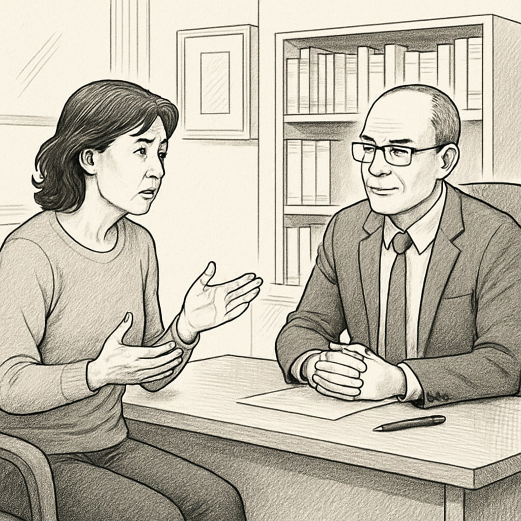 A concerned parent discussing attendance policies with a school administrator in an office setting. Parent discussing concerns about attendance policies with school staff.