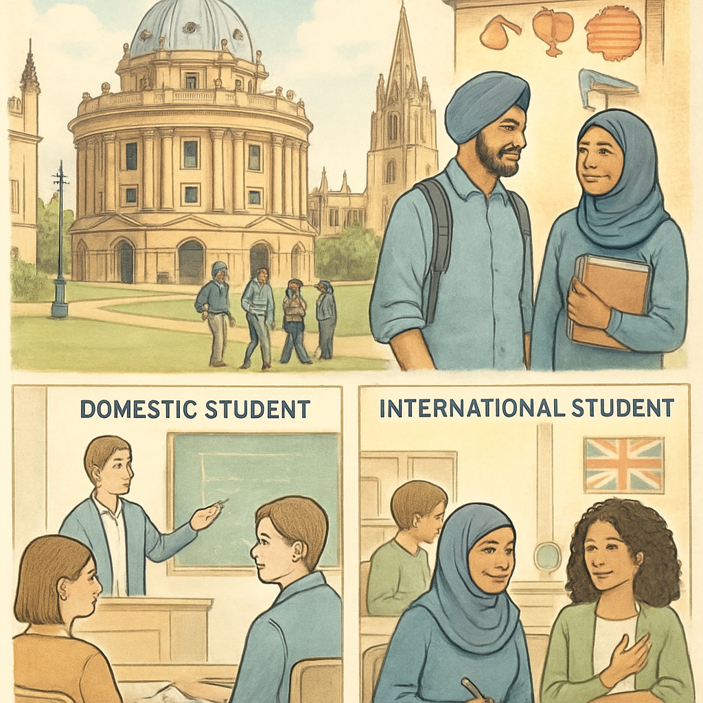 Image of Oxford University campus, illustrating the disparity between domestic and international student experiences. Oxford University campus showing the challenges faced by international students.