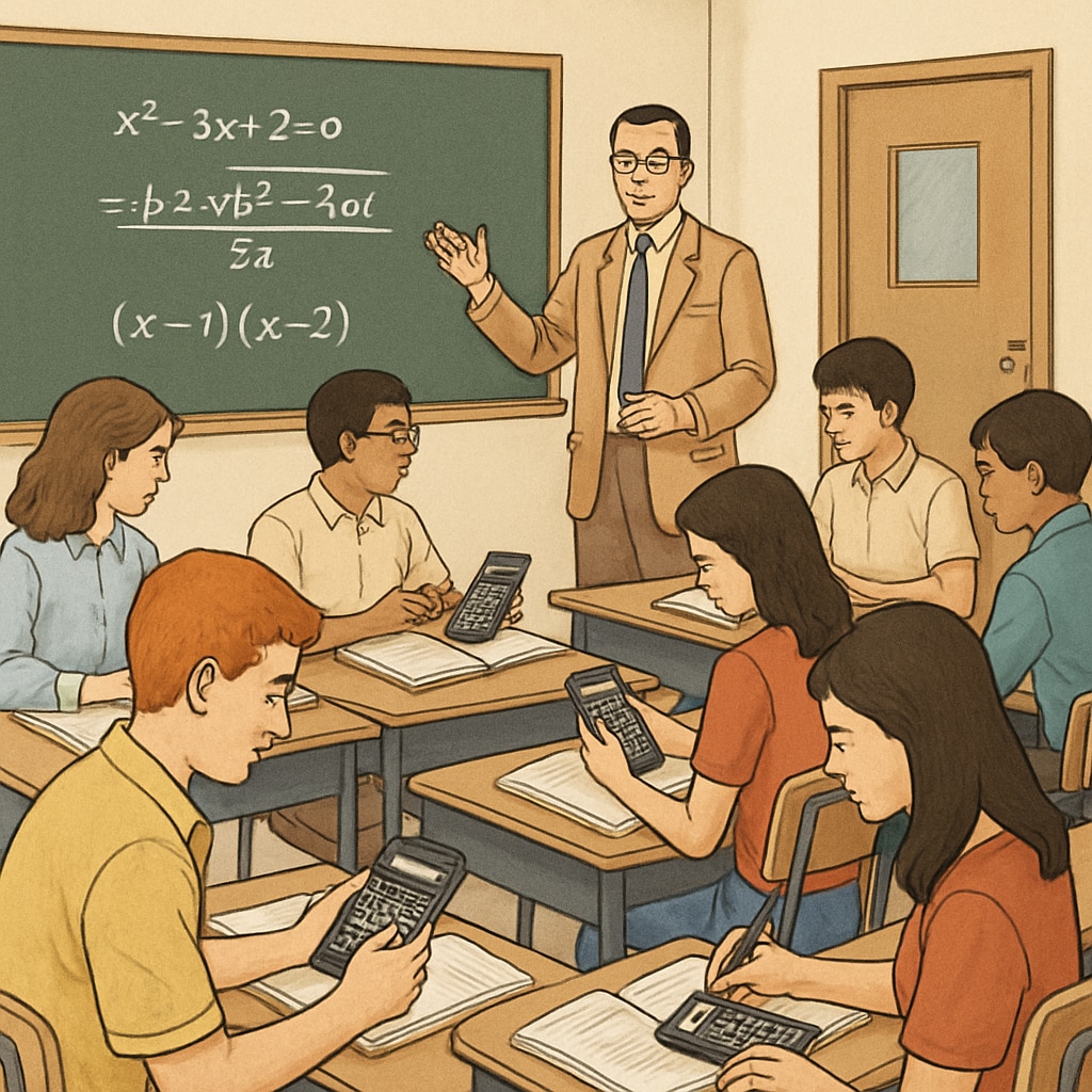 A classroom setting where high school students are using RPN calculators to solve algebraic equations, fostering collaborative learning. High school students working with RPN calculators in a collaborative math lesson.