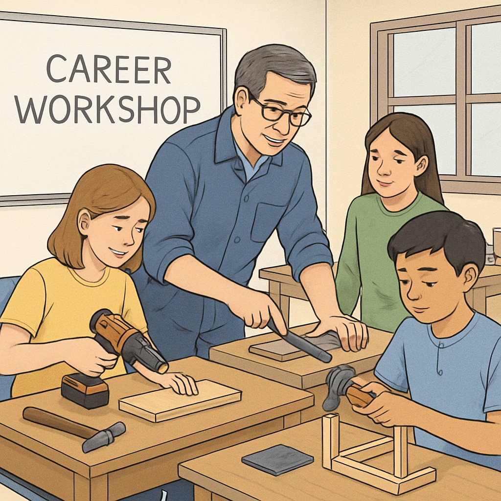 A classroom setting showing students engaged in a hands-on career-related workshop, guided by a teacher. Students in a classroom learning career-related practical skills.