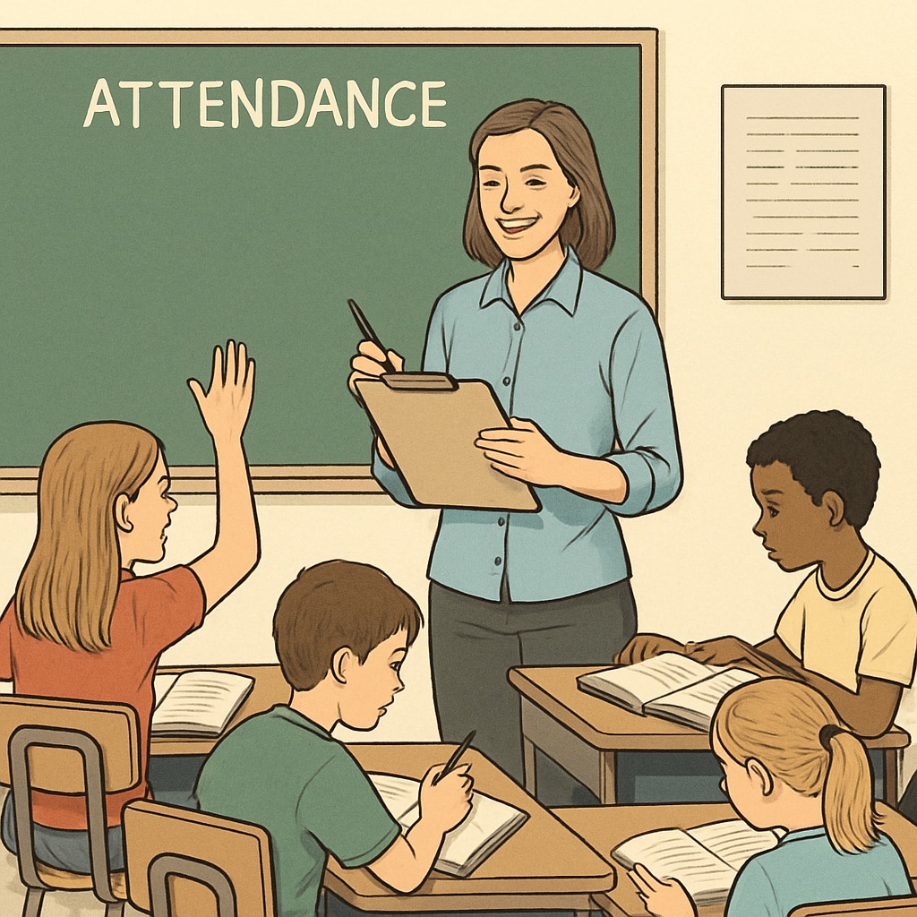 A classroom setting showing a teacher taking attendance while students engage in learning. Teacher taking attendance in a classroom with engaged students.