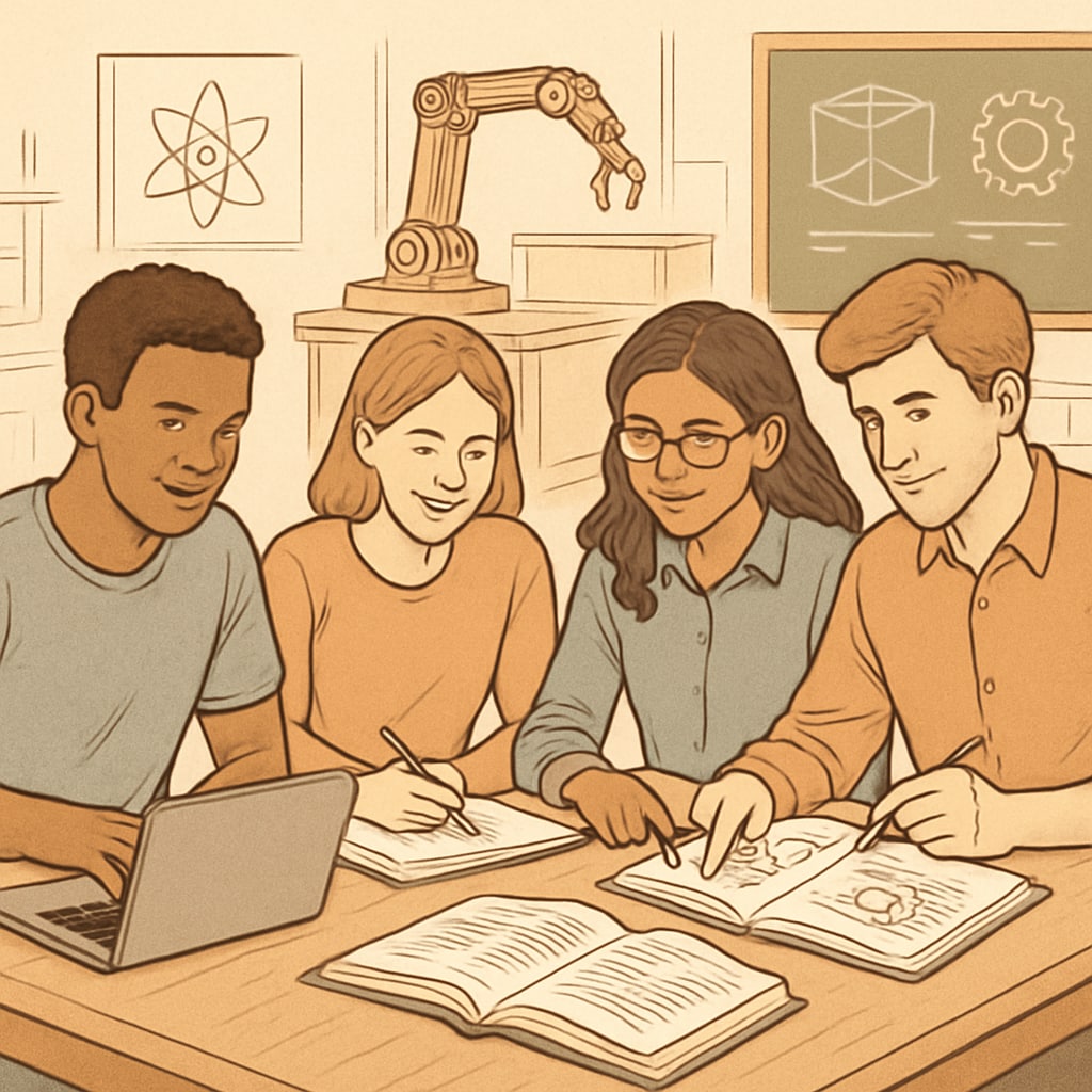 University students collaborating on a STEM-related project, with career-focused tools visible in the background. University students working together on a STEM project with career tools.