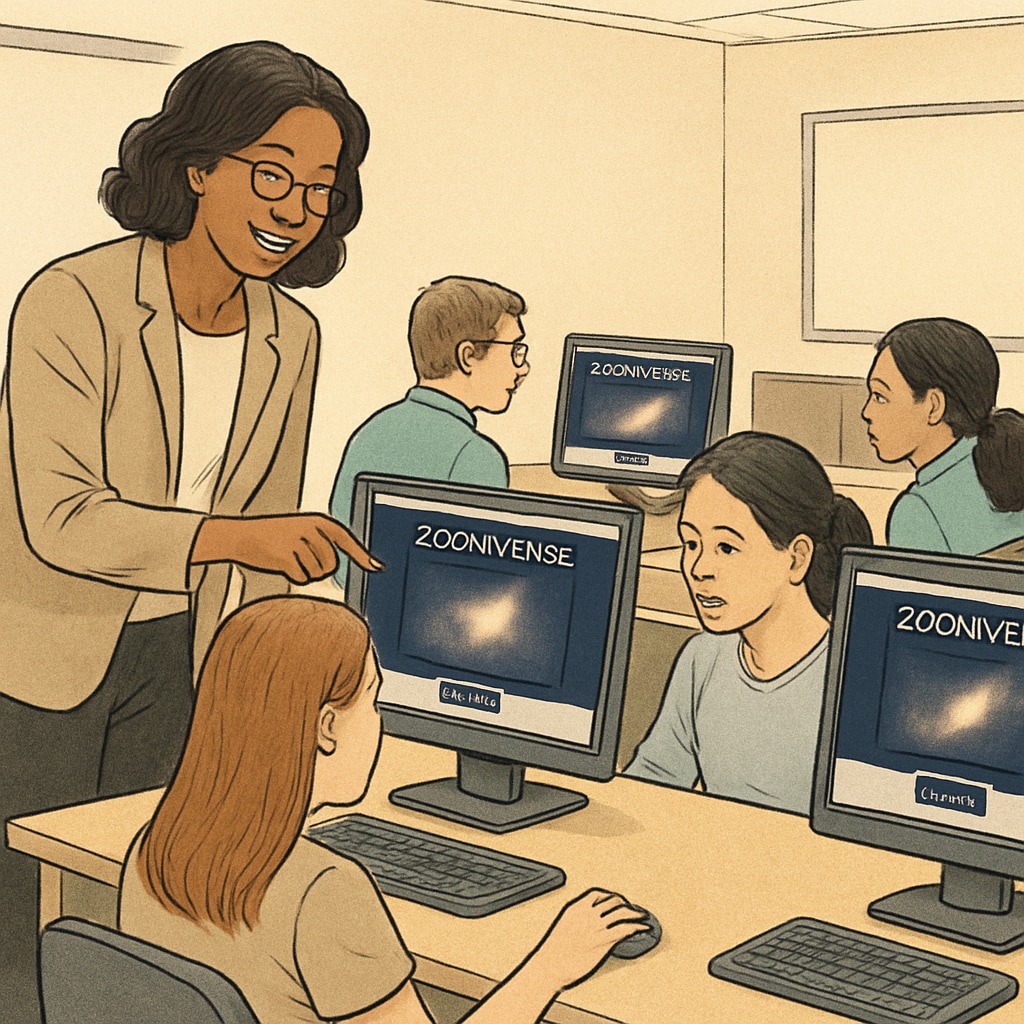 Teacher assisting students with Zooniverse citizen science projects.