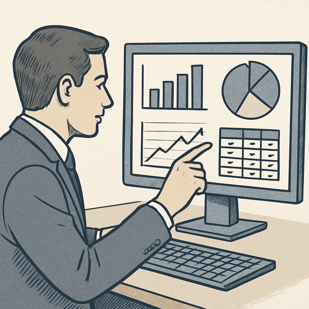 A professional analyzing data charts on a computer, representing business analytics and finance skills. A professional working with data charts, highlighting business analytics and finance skills.