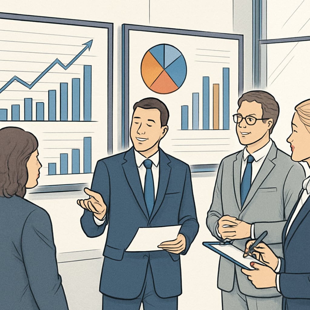 A group of business professionals discussing financial data with charts displayed on screens. Business professionals analyzing financial charts, showcasing data-driven decision-making.