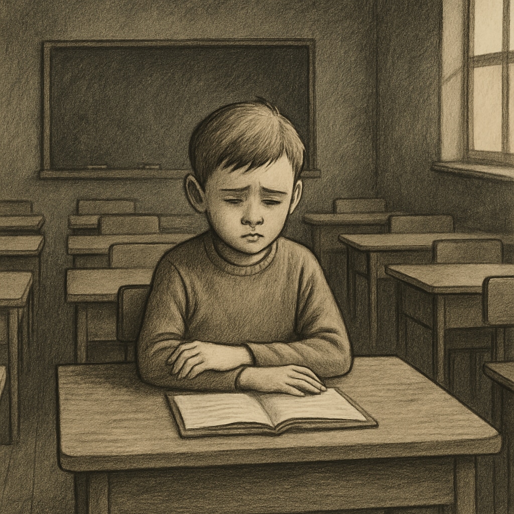 A child sitting alone at a desk in a dimly lit room, symbolizing the concept of isolation punishment in schools. A child sitting alone at a desk, illustrating isolation punishment in elementary schools.