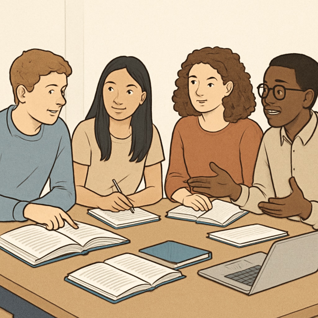 A group of diverse international students discussing university options with books and a laptop. Diverse international students discussing affordable university options.