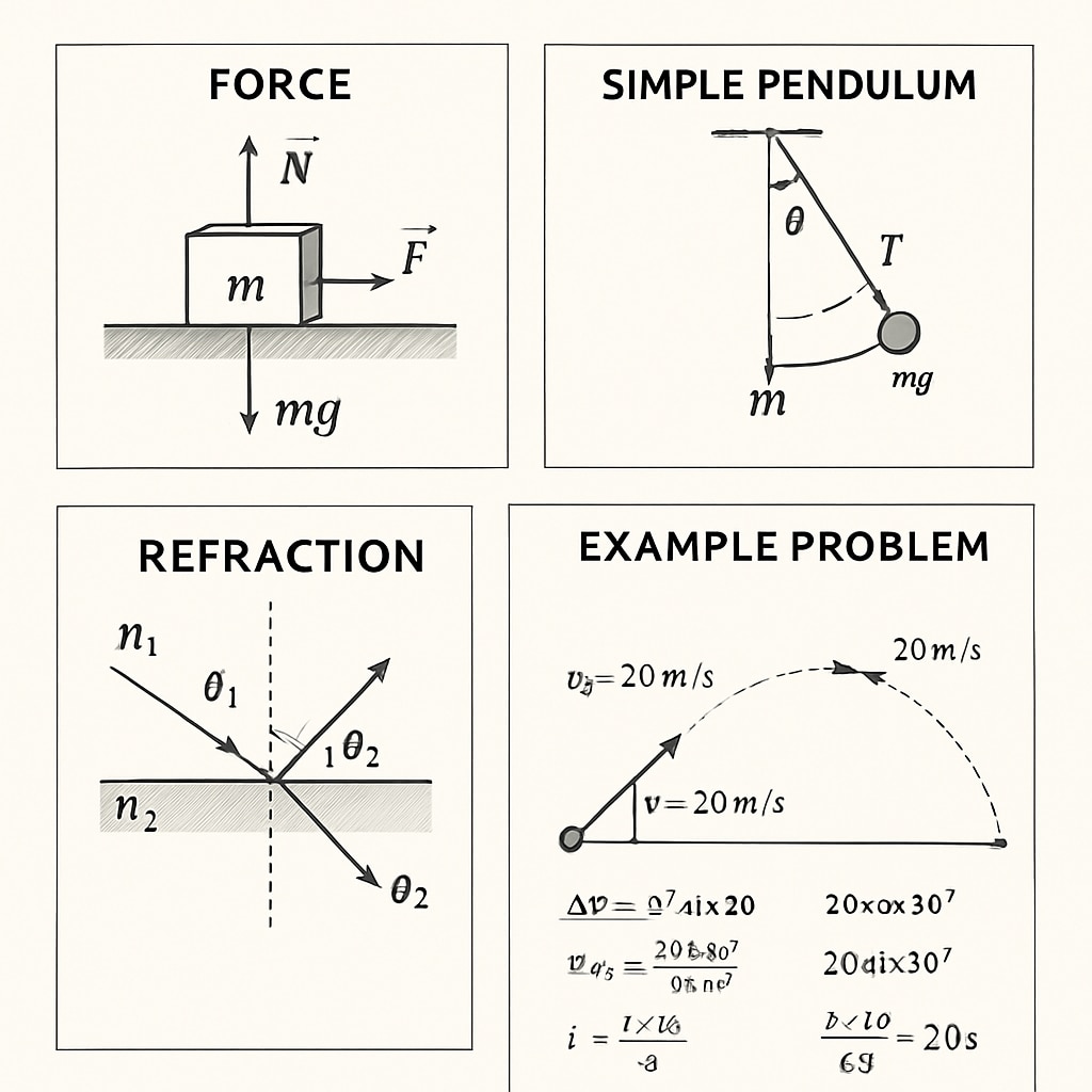 Physics concepts diagrams and problem-solving examples for exam preparation and backlogs.