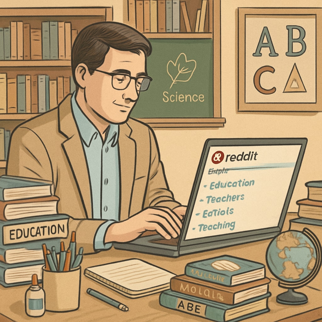 A teacher browsing Reddit’s education-related subreddits on a laptop, showcasing the diversity of resources available. A teacher exploring Reddit’s education subreddits to find teaching resources.