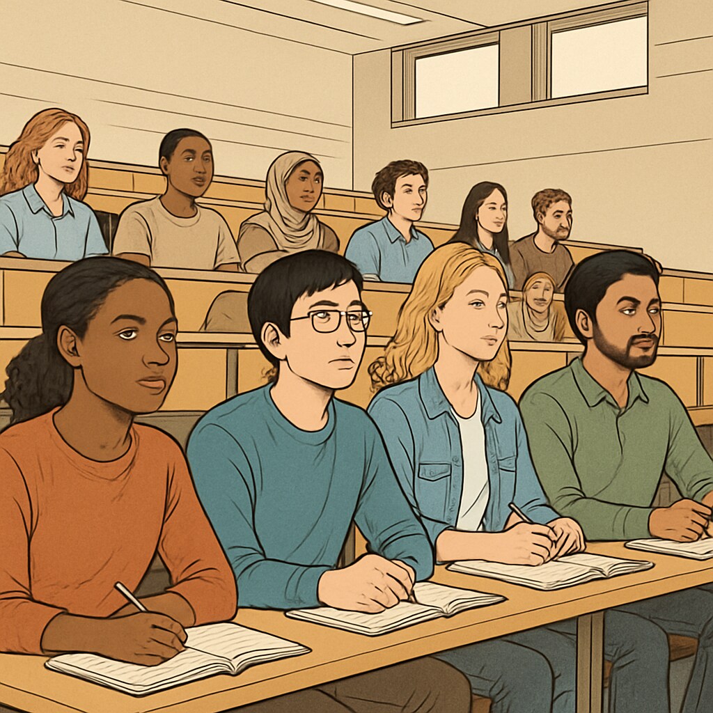 International students attending an affordable university in a lecture hall. International students in a lecture hall at a budget-friendly university.
