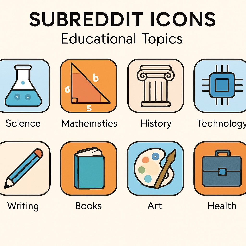 A vibrant graphic illustrating various subreddit icons, symbolizing the diverse educational topics covered on Reddit. Icons representing education-focused subreddits on Reddit.