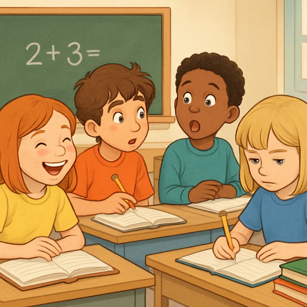 A group of children expressing different emotions while interacting in a classroom setting. Children showing emotions in a classroom, supporting emotional education and development.