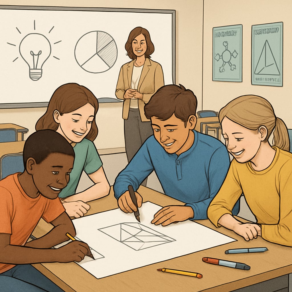 A classroom of students engaged in a group activity emphasizing creativity and problem-solving, symbolizing the shift in educational priorities in the AI era. Students in a classroom working on creative group projects related to AI and future skills development.