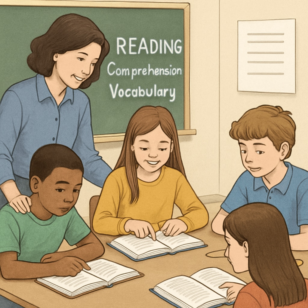 A teacher guiding fifth-grade students through a collaborative reading exercise, emphasizing comprehension and vocabulary. Fifth-grade ELA classroom activity focused on comprehension and vocabulary development.