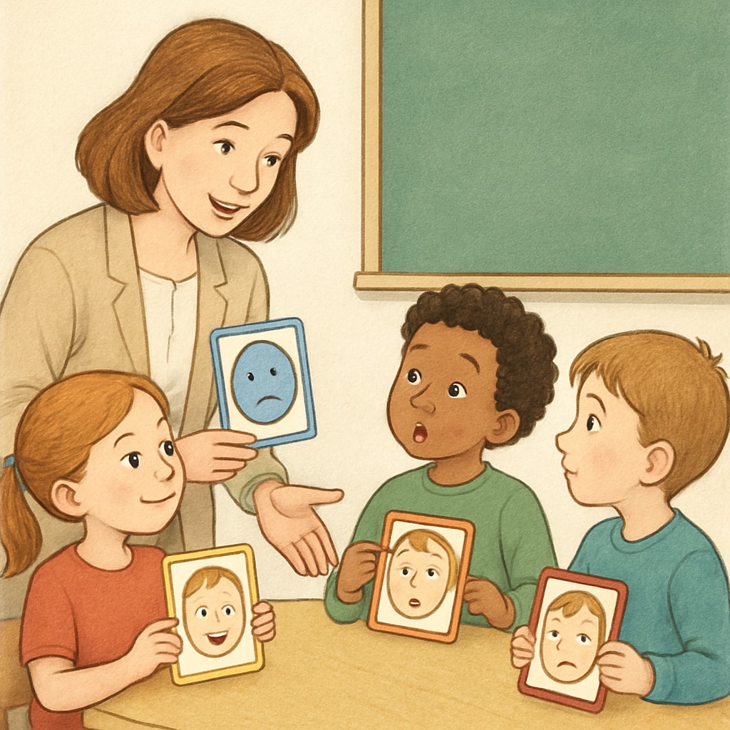 A teacher assisting children with emotional recognition activities using flashcards. Teacher guiding children in emotional recognition activities for emotional management.