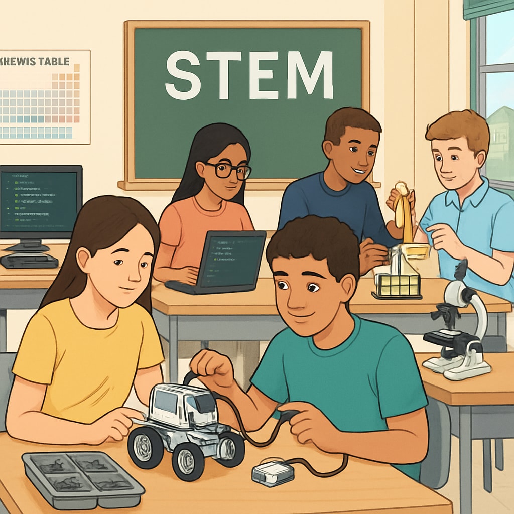 Students working on robotics or coding projects in a high school STEM-focused classroom.