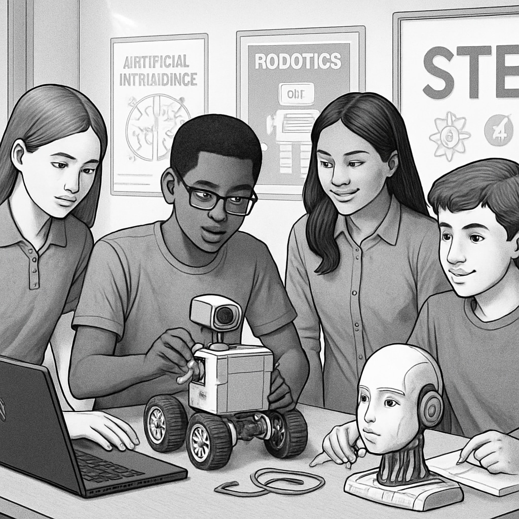 Students collaborating on a STEM project using robotics and AI tools, illustrating hands-on learning and adaptability. Students working together on robotics and AI tools to enhance STEM education and adaptability.