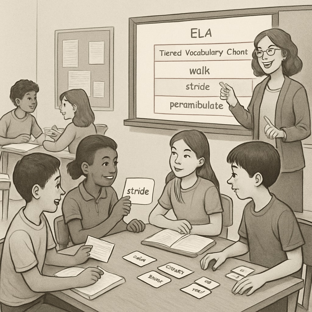 Students participating in an interactive vocabulary game during an ELA lesson, designed to reinforce tiered vocabulary concepts. Fifth-grade students engaged in a vocabulary learning activity during ELA class.
