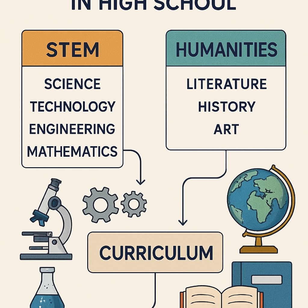Illustration showing STEM and humanities integration in high school curricula.